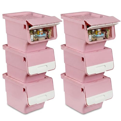 GIANTEX 6 Pack Plastic Stackable Storage Bins with Lids & Wheels, 12.5 QT - color: White + Pink, size: 6 Pack, 12.5 QT