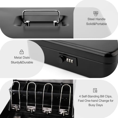 Jssmst Metal Cash Box with Money Tray and Lock, Portable Cash Drawer, 11.8" - color: Black Code-A