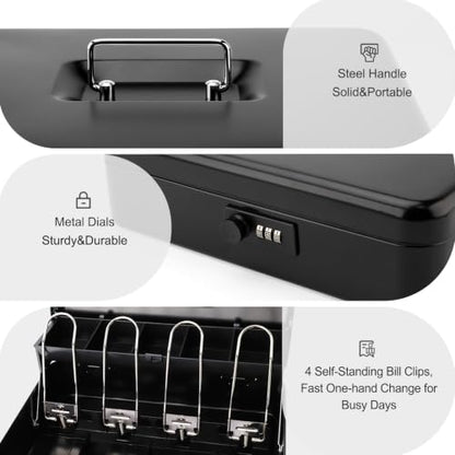 Jssmst Metal Cash Box with Money Tray and Lock, Portable Cash Drawer, 11.8" - color: Black Code-A