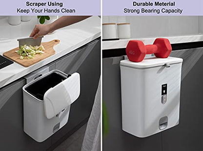 Sooyee Trash Can with Lid,2.4 Gallon Small Trash Can,Hanging or Standing Plastic Compost Bin for Cupboard/Bedroom/Office/Camping/Kitchen/Bathroom,Waste Basket,White