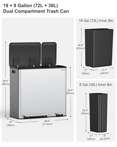 Dual Trash and Recycling Bins for Kitchen, 19+8 Gallon (72+30L) Stainless Steel Trash and Recycle Bin Combo with Soft-Close Lid, Large Garbage Cans for Kitchen Home with 2 Magnets Sticker, Silver - color: Silver