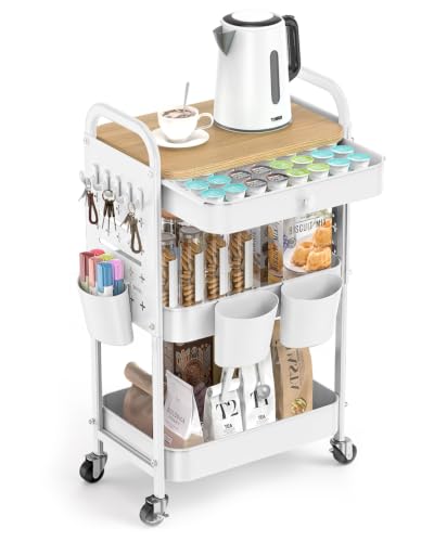 ALVOROG 3 Tier Metal Rolling Cart with Drawer,Wood Top,Pegboards,White - color: White