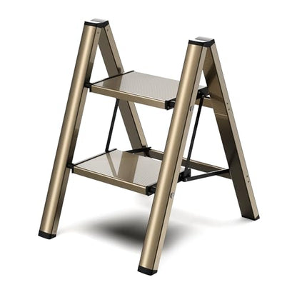 2 Step Ladder, Foldable Aluminum Step Stool with Anti-Slip Pedal - color: Champagne Gold, size: 2 Step