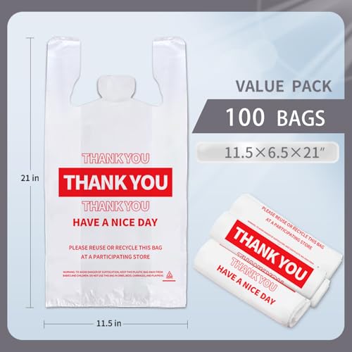 White Thank You Plastic Bags with Handles, 100 Pack Heavy Duty T-Shirt Sacks for Grocery Shopping, Retail & Small Business, Disposable Yet Reusable Merchandise Bags (11.5"x6.5"x21")