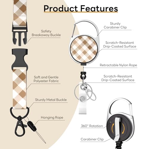 Retractable Badge Holder with Detachable Lanyard, White Lattice - color: White Brown Lattice