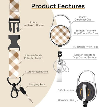 Retractable Badge Holder with Detachable Lanyard, White Lattice - color: White Brown Lattice