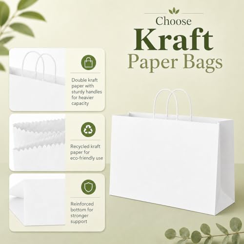 MESHA Gift Paper Bags White Large 16x6x12 100 Pack,Kraft Bags with Handles - color: White