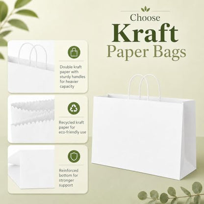 MESHA Gift Paper Bags White Large 16x6x12 100 Pack,Kraft Bags with Handles - color: White