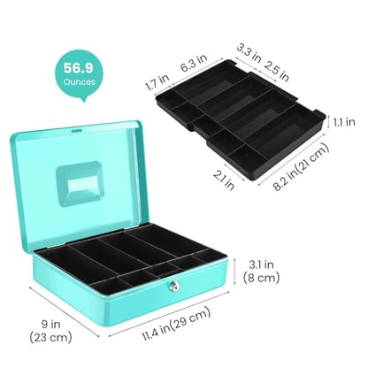Flexzion Small Cash Box with Money Tray and Lock, 11.4-Inch, Blue - color: Blue