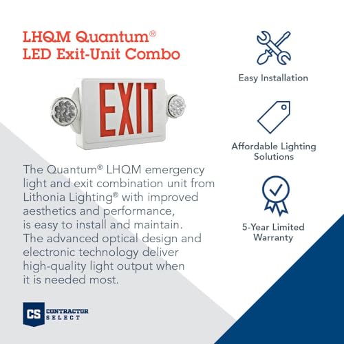 Lithonia Lighting Quantum LED Exit Sign/Emergency Light Combo, Exit Sign and Emergency Lights for Business, 2-Head Fixture, Red Letters, 180 Lumens, MVolt, 4 Watts (LHQM LED R M6) - color: Red, size: 19.25" | Sign & Round Light Combo