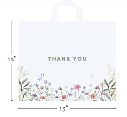 Purple Q Crafts Thank You Bags for Business and Stores 50 Pack 15" W x 12" H Floral Plastic Shopping Bags With Soft Loop Handle - size: 15" x 12"