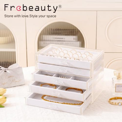 Frebeauty Acrylic Jewelry Box,5-Layer Jewelry Organizer with Drawers - color: White