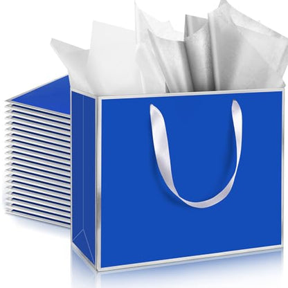 ReliThick 12 Pack Paper Gift Bag with Handles & Tissue, Royal Blue,Silver - color: Royal Blue,Silver