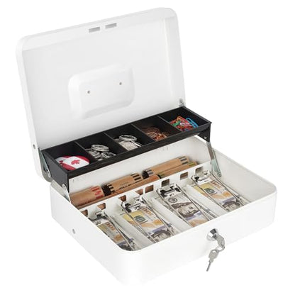Sumerfnt Cash Box with Lock and Money Tray Money Box for Cash, Metal Lock Box for Money Cash Register - 11.8" x 9.4" x 3.54" White - color: White