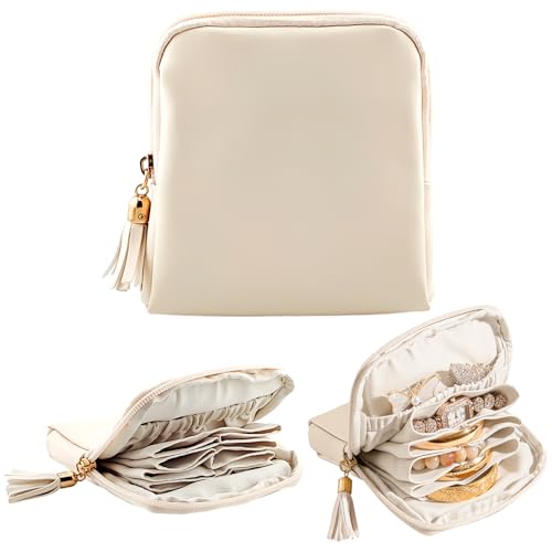 shunmei Mini Zipper Travel Jewelry Case with 5 Individual Pockets, Beige - color: Beige