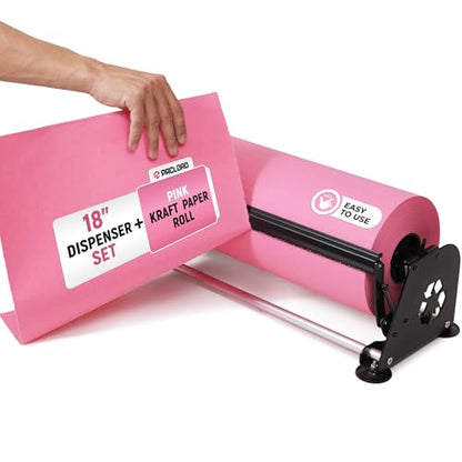 18" Paper Dispenser with Cutter + Pink Kraft Paper Roll - color: Pink, size: 1 Roll + Dispenser