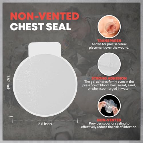 2Pcs Chest Seal Non-Vented, 6" Round Sterile Occlusive Adhesive Dressing, Emergency Trauma First Aid Supplies, IFAK Refill & Medical Supplies for Sucking Chest Injuries & Gunshot (2Pcs)