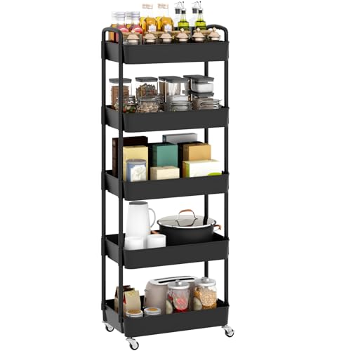 Sywhitta 5-Tier Plastic Rolling Utility Cart with Wheels,Black - color: Black, size: 5-tier