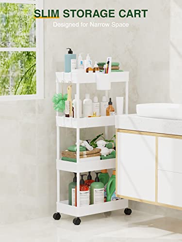 LEHOM Slim Rolling Storage Cart - 4 Tiers Bathroom Organizer Utility Cart - color: Pear White