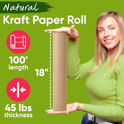 Natural Kraft Paper Roll 18" x 1200" – Brown Packing Paper for Wrapping, Table Runner, Construction Craft Paper for Bulletin Board, Gift & Birthday Wrapping, Moving Supplies Cushioning - color: Brown, style: 1 Roll - 1 Color