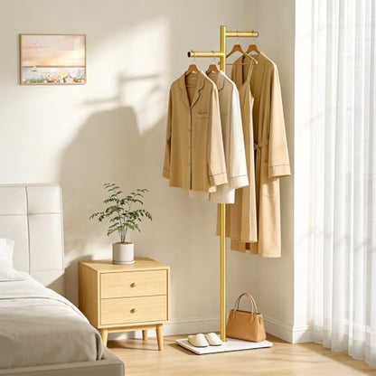 Metal Freestanding Coat Rack, 68.9"H Z-Shaped Coat Tree with Natural Rock Base, Modern Clothes Hanger Stand for Coats, Hats, Bags & Scarves, Ideal for Entryway, Bedroom, Office & Living Room - color: gold