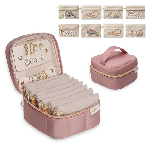 KarSyon Travel Jewelry Case Organizer Boxes with 8 Velvet Zipper Pouches - color: Dark Pink, size: Small