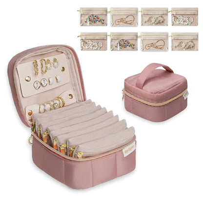 KarSyon Travel Jewelry Case Organizer Boxes with 8 Velvet Zipper Pouches - color: Dark Pink, size: Small