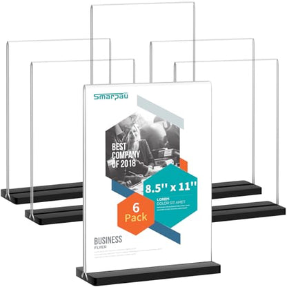 Acrylic Sign Holder 8.5x11, 6 Pack Double Sided Clear Display Stand with Black Base, T-Shape Table Number Holders, Plastic Picture Frames, Menu Brochure Sign Holder for Office, Show Fair, Restaurants