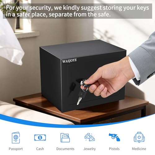 WASJOYE Small Safe with Key for Money, 0.25 Cu Ft Key Lock Box (Black) - size: 0.25 Cu Ft Black