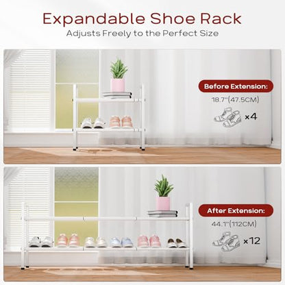 Bumusty 2 Tier Long Expandable Shoe Rack for Closet, White - color: White, size: 2-tier