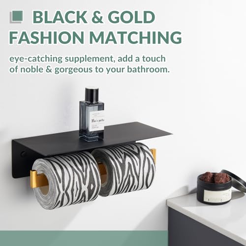 APLusee Double Toilet Paper Holder with Shelf, Black Gold, Wall Mounted - color: Black With Gold, size: Double Rod