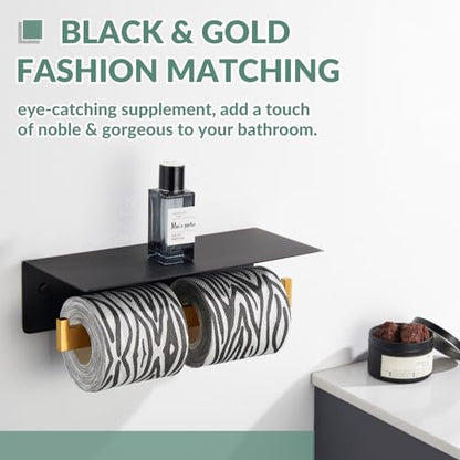 APLusee Double Toilet Paper Holder with Shelf, Black Gold, Wall Mounted - color: Black With Gold, size: Double Rod