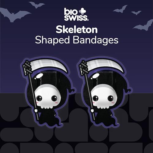 BioSwiss Bandages, Halloween Skeleton Shaped Self Adhesive Bandage Set, Latex Free, Sterile Wound Care, 24 Count - size: 24-Count Box, style: Skeleton