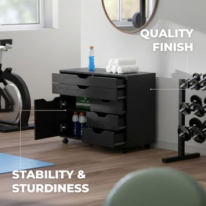 Winsome Halifax Mobile Storage Cabinet with 1 Large Door & 5 Drawers, Black - color: Black, style: 1 Door, 3 Drawers, 2 Wide Drawers
