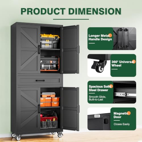 Letaya Metal Garage Storage Cabinets with Wheels,Black Rolling Tool Cabinet - color: Black, size: 15.7” D x 32” W x 73” H