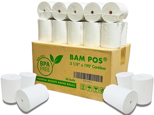 BAM POS Thermal Receipt Paper Rolls 3-1/8"x190' BPA Free (30 Rolls)