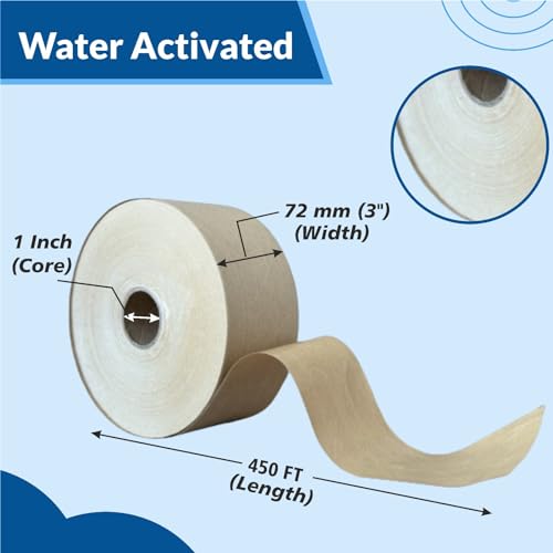 3" x 450 Feet Reinforced Water Activated Gummed Kraft Paper Tape (10-Pack, 4500FT Total) for Heavy Duty Secure Packing & Shipping, Tamper Evident Brown Gummed Tape