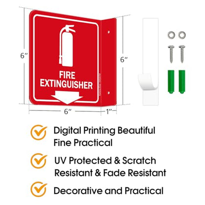 Faittoo Fire Extinguisher Sign, 2 Pack Fire Extinguisher with Down Arrow - 6 x 6 Inches Acrylic Plastic, 2 Pre-Drilled Holes, Includes Matching Screws, Use for Home Office/Business - style: L-shaped 2 Pack