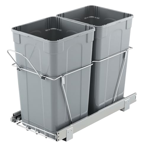 VEVOR Pullout Trash Can for Kitchen Cabinets, 27QTx2 Double Under Sink Garbage Waste Recycling Bin, Under Mount Waste Container, with Heavy Duty Metal Full Extension Sliding System and Handle Grey - size: 54QT(27QTx2)
