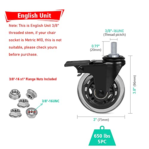 Hirate 3 inch Threaded 3/8"-16UNC Swivel Stem Casters with Brake