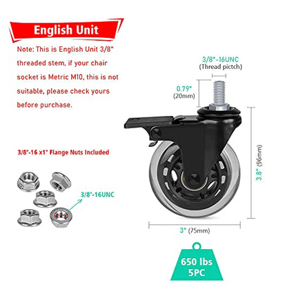 Hirate 3 inch Threaded 3/8"-16UNC Swivel Stem Casters with Brake