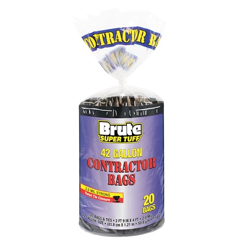 Brute Super Tuff 42 Gallon Contractor Bags, 2.0 Mil, Black, Unscented, 20ct - size: 20 Count (Pack of 1), style: Contractor (42 Gallon)