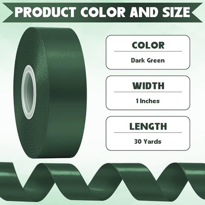 30 Yards 1 in Dark Green Satin Ribbon for Gift Wrapping St. Patrick's Day - color: Dark Green, size: 1 inch