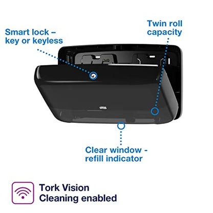 Tork Twin Mini Jumbo Toilet Paper Roll Dispenser Black T2, Protects Rolls, Elevation Range, 5555290