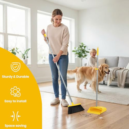 Stand Up Dustpan and Broom Set 50” Long Handle Broom with Dust Pan, with Self Cleaning Combe for Ergonomic Home Office Classroom Indoor Sweeping - color: Yellow