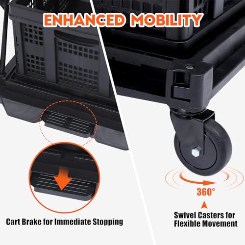 2 Tier Folding Shopping Carts, Multipurpose Rolling Trolley with 360 Rolling Swivel Wheels & Storage Crate, Rolling Organizer for Groceries, Warehouse,Outdoor, 2 Cargo Boxes