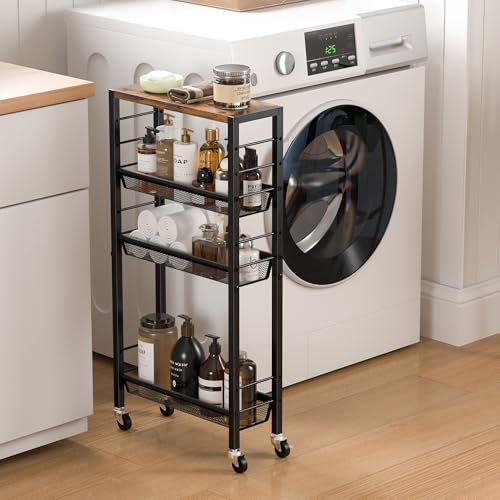 Slim Rolling Cart, 4-Tier Narrow Kitchen Storage Cart, Slim Utility Cart on Wheel, Skinny Bathroom storage cart with Wood Tabletop, 6.0" Deep, For Kitchen, Dining Room, Living Room, Laundry Room - color: Rustic Brown