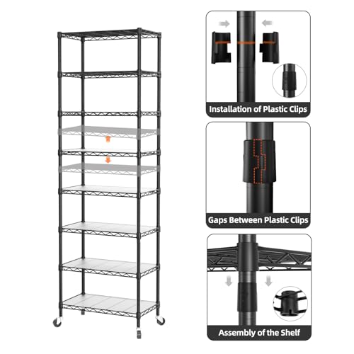 SINGAYE 8 Shelves Storage Wire Shelf Closet Metal Shelving Pantry Wheels - color: Black, size: 8Tier/12"D X 22"W X 74"H