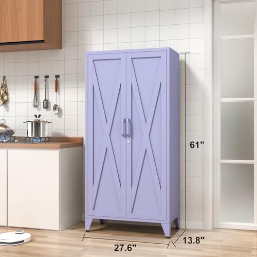 61" Tall Purple Farmhouse Metal Kitchen Pantry Cabinet, Lockable Freestanding Storage Cabinet with 2 X-Shape Metal Doors & 3 Adjustable Shelves, Cupboard with Legs for Home, Bedroom, Garage, Office - color: Lilac, style: Pantry-61"H-DH