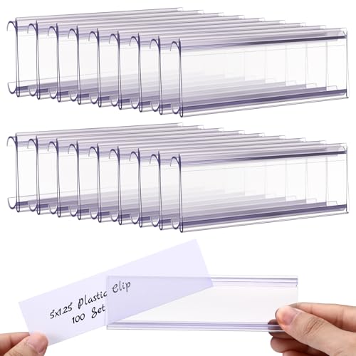 Kathfly 100 Pcs Wire Shelf Label Holders with 100 Pcs Label Paper Inserts 5" x 1.25" Plastic Shelf Tags Clear Wire Labels Clip on Ticket Holder Compatible with 1-1/4 Inch Shelves